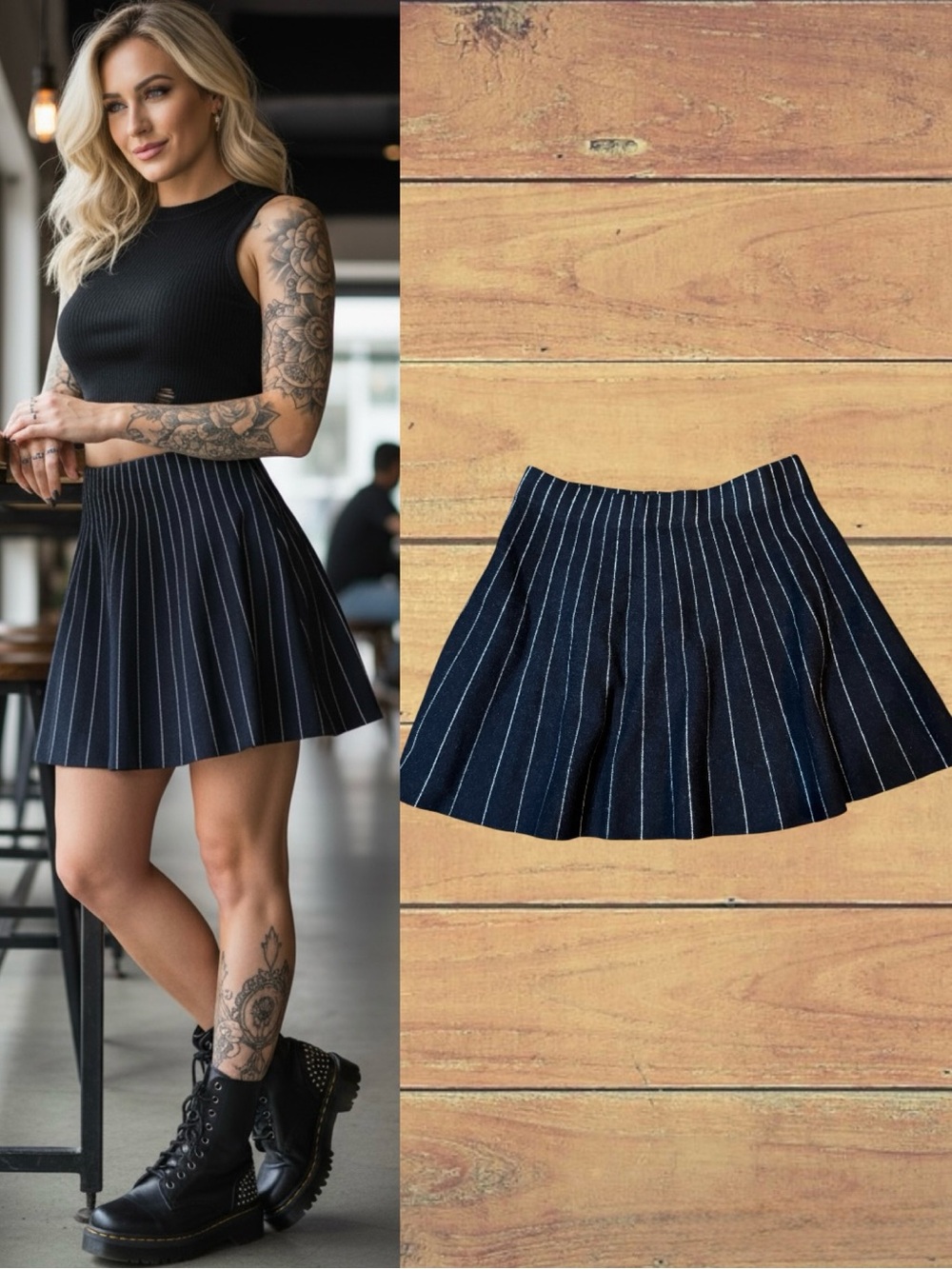 Zara Black & White Striped Knit Mini Skirt  Flared Stretch Waist Size Small